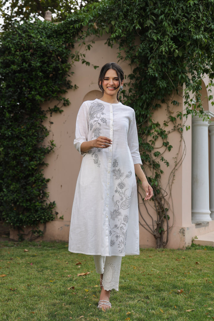 White Cotton Printed A Line Kurta