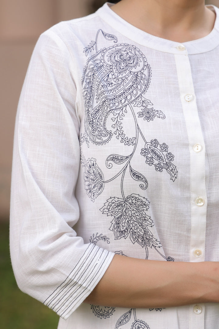 White Cotton Printed A Line Kurta