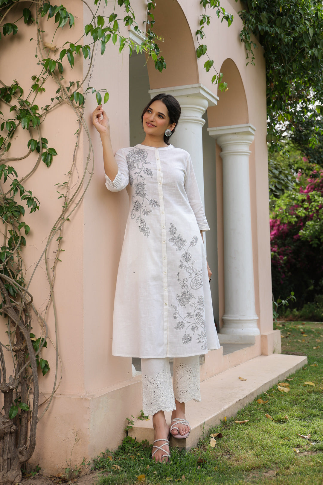 White Cotton Printed A Line Kurta