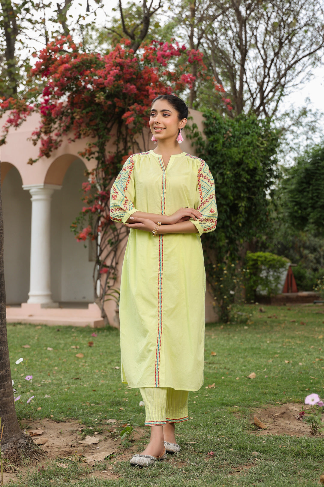 Yellow Cotton Embroidered Designer Kurta Pant Set