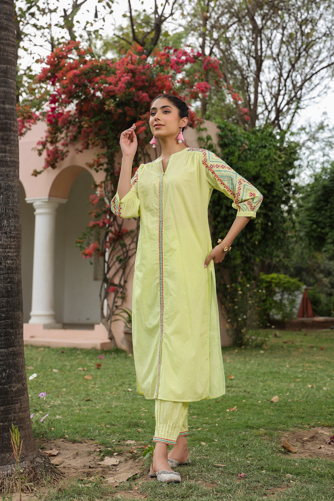 Yellow Cotton Embroidered Designer Kurta Pant Set