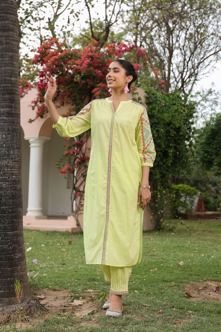 Yellow Cotton Embroidered Designer Kurta Pant Set