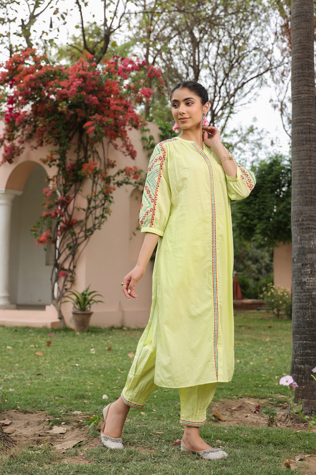 Yellow Cotton Embroidered Designer Kurta Pant Set