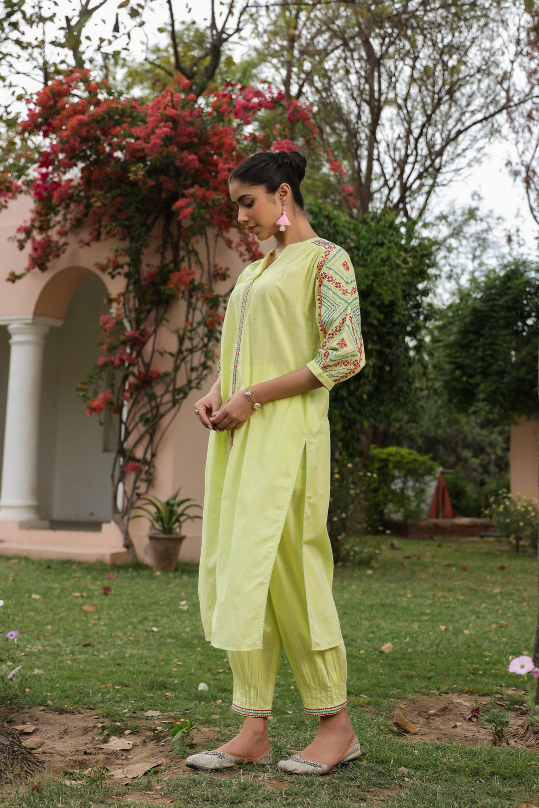 Yellow Cotton Embroidered Designer Kurta Pant Set