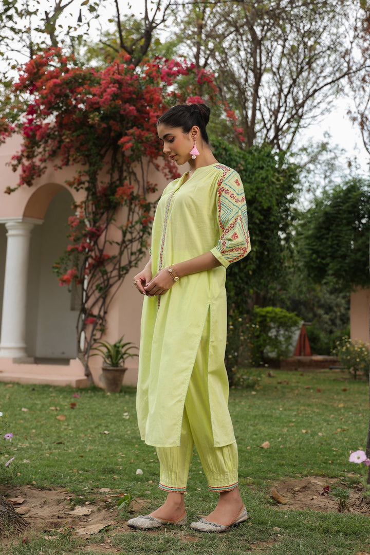 Yellow Cotton Embroidered Designer Kurta Pant Set