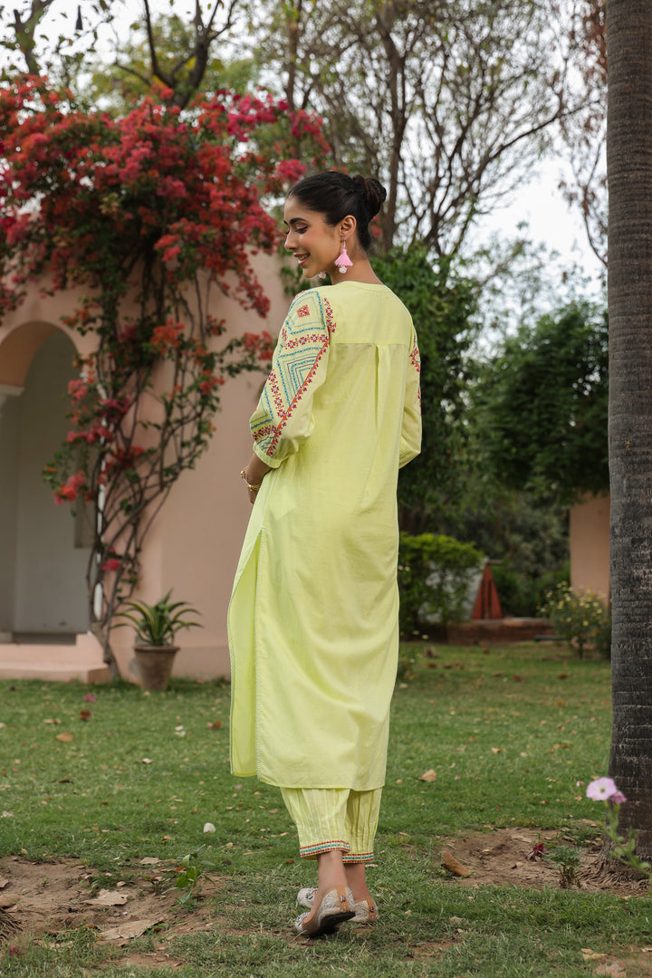 Yellow Cotton Embroidered Designer Kurta Pant Set