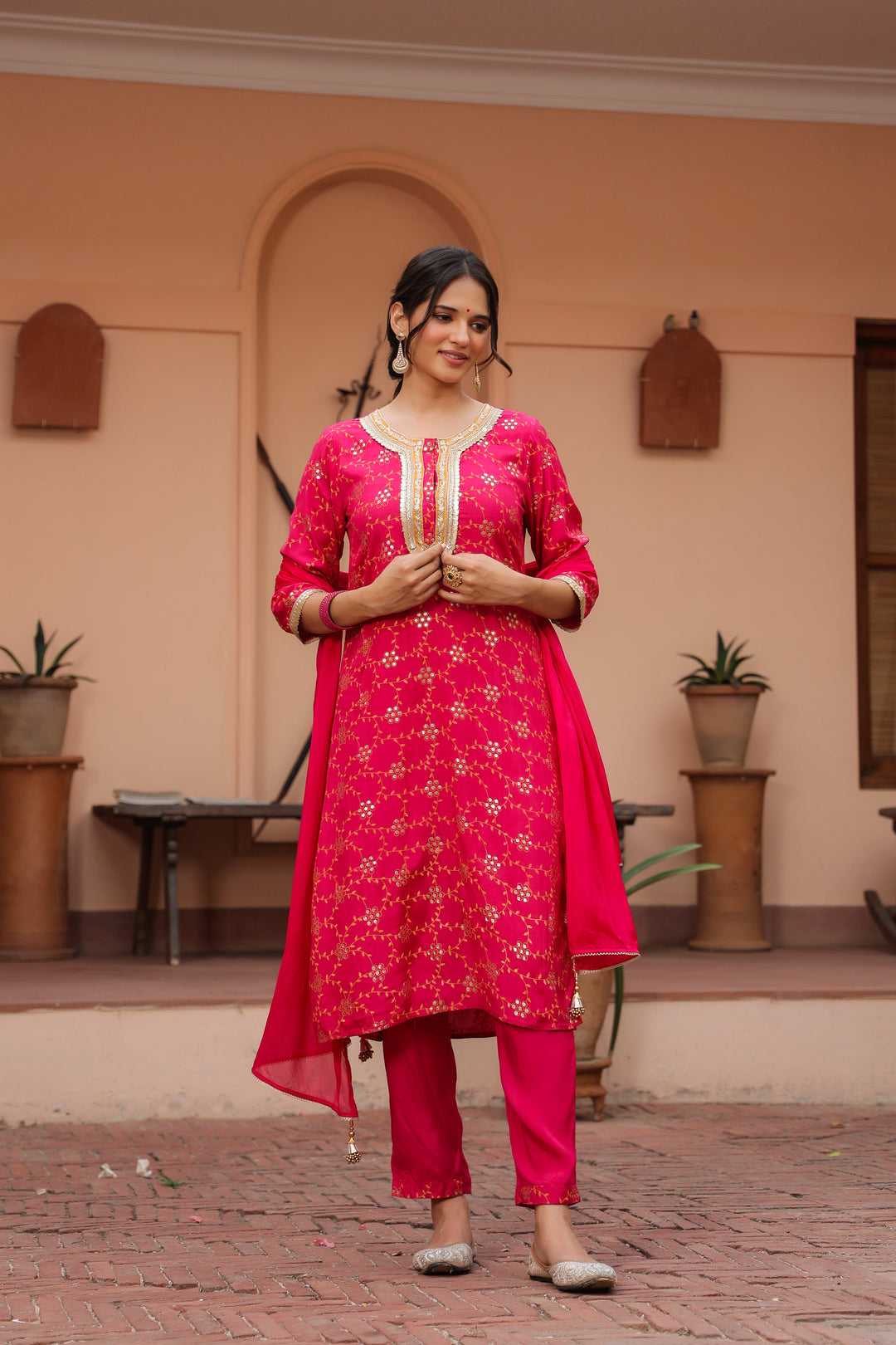 Red Printed and Embellished Kurta Set With Dupatta