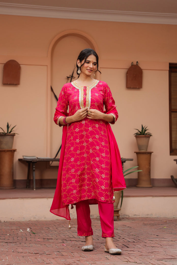 Red Printed and Embellished Kurta Set With Dupatta