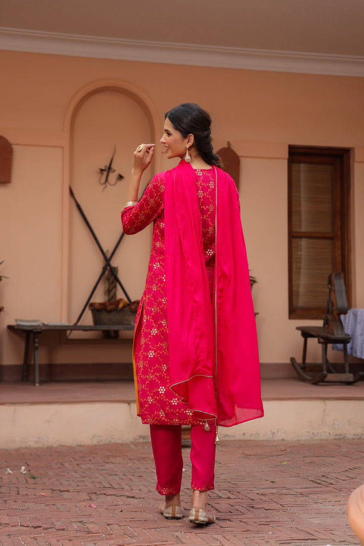 Red Printed and Embellished Kurta Set With Dupatta