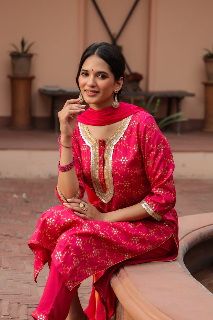 Red Printed and Embellished Kurta Set With Dupatta