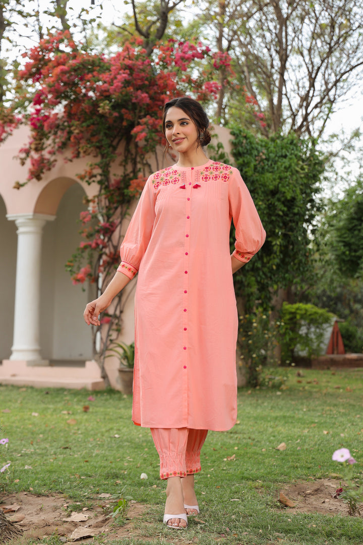 Peach Cotton Embroidered Designer Kurta Pant Set