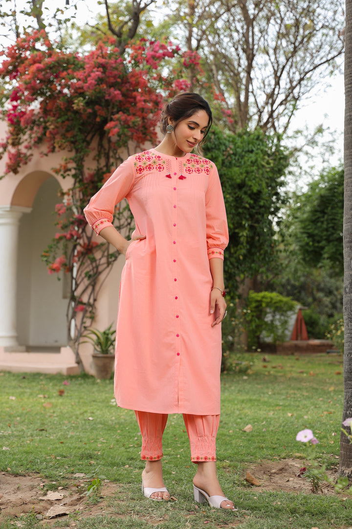 Peach Cotton Embroidered Designer Kurta Pant Set