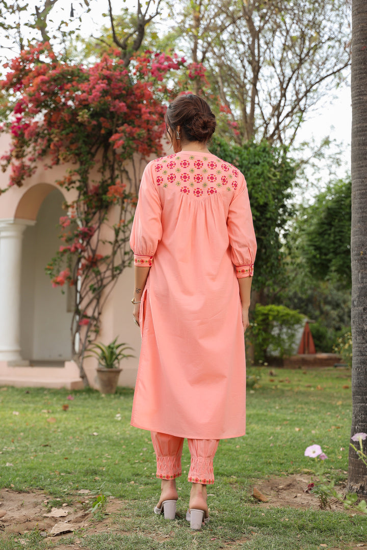 Peach Cotton Embroidered Designer Kurta Pant Set