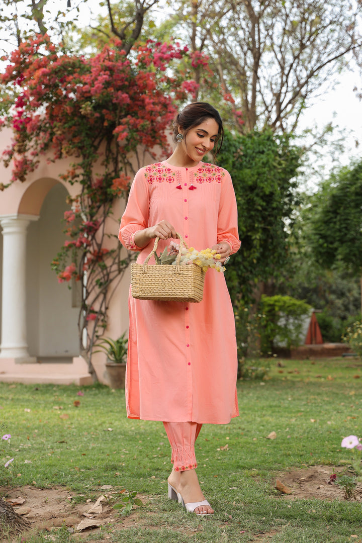 Peach Cotton Embroidered Designer Kurta Pant Set