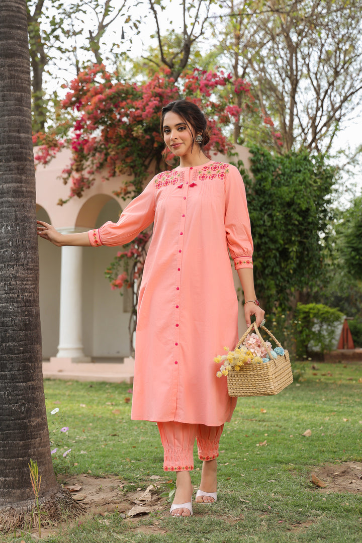 Peach Cotton Embroidered Designer Kurta Pant Set