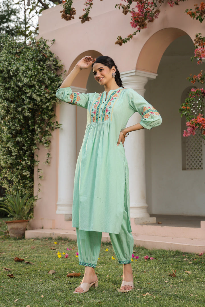 Green Cotton Embroidered Detail Kurta Pant Set