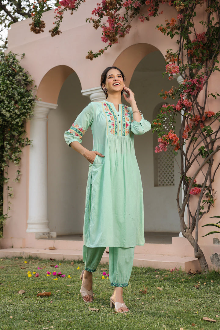 Green Cotton Embroidered Detail Kurta Pant Set