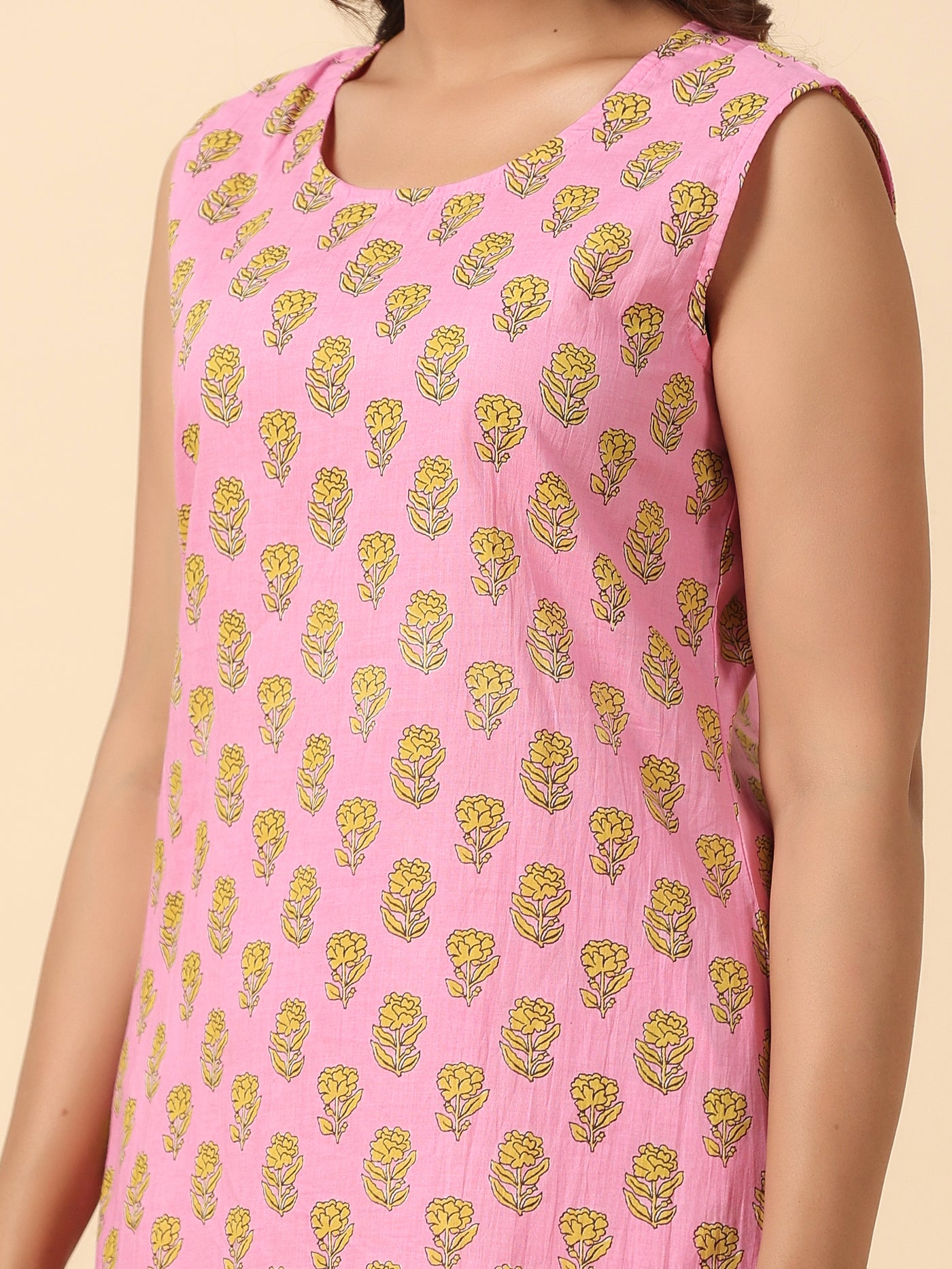 Yellow and Pink Floral Cotton Cord Set With Shrug