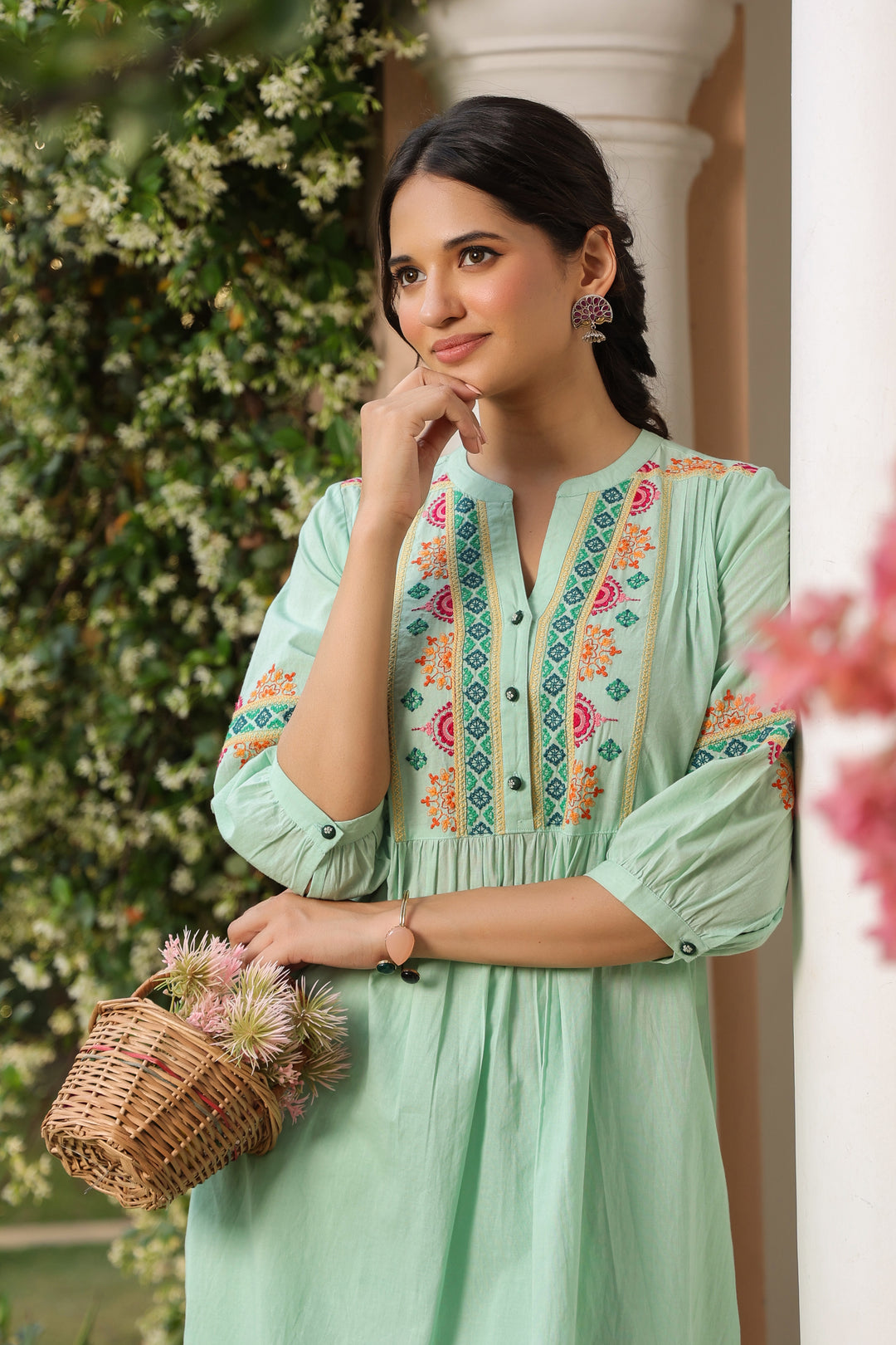 Green Cotton Embroidered Detail Kurta Pant Set