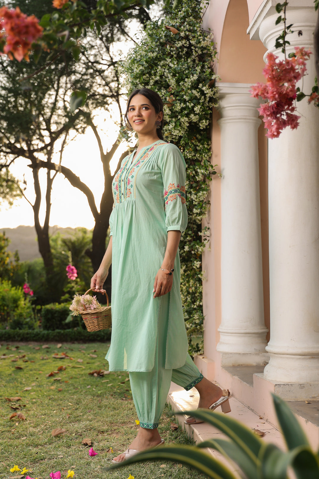 Green Cotton Embroidered Detail Kurta Pant Set