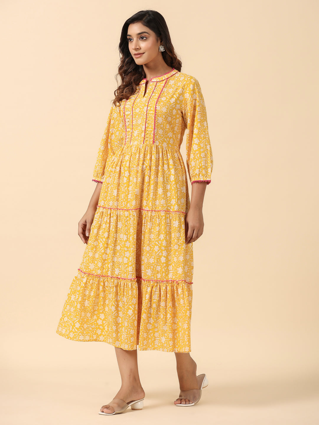 Yellow Cotton Printed  Midi Tiered Dress