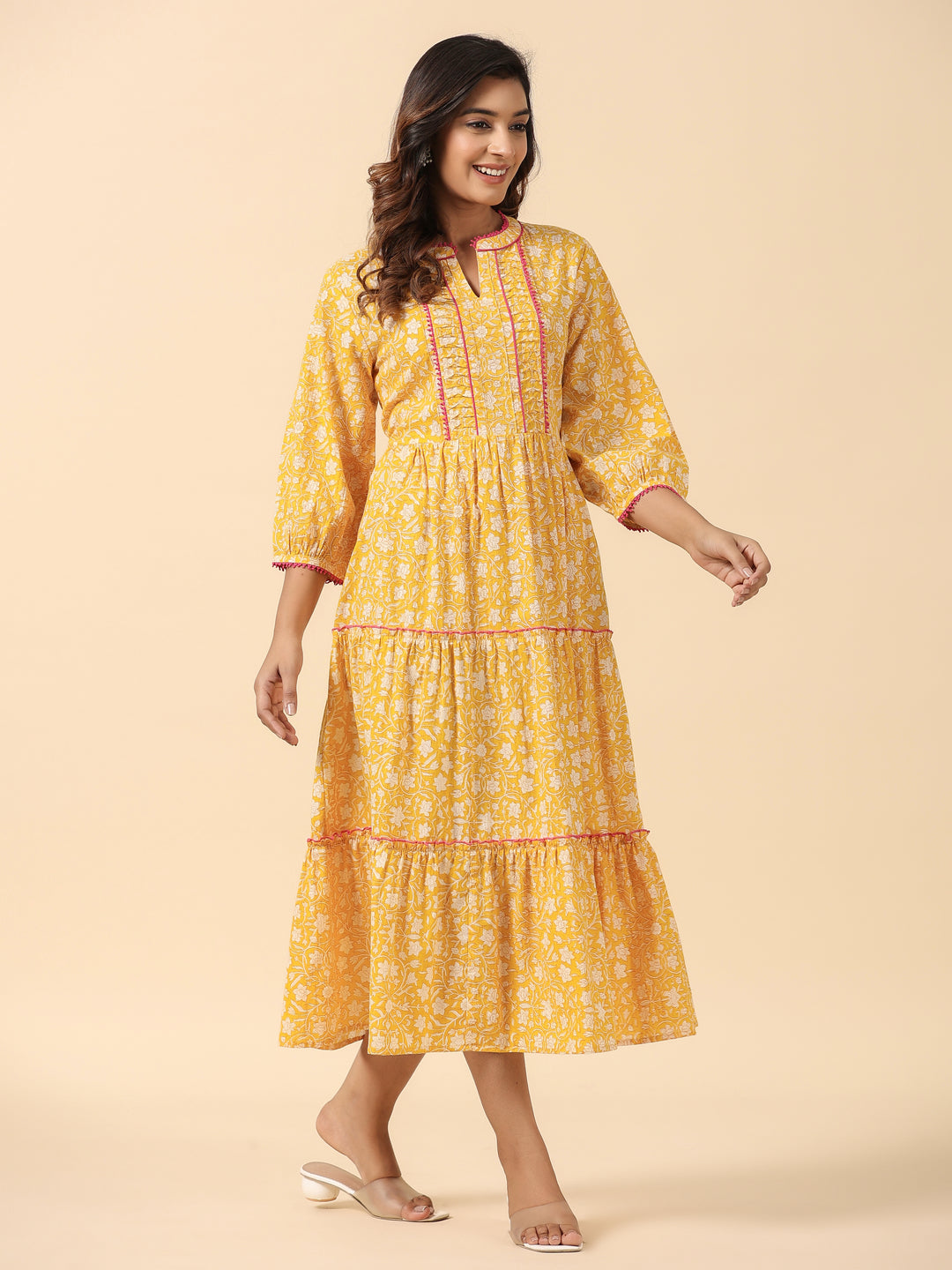 Yellow Cotton Printed  Midi Tiered Dress