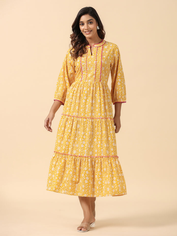 Yellow Cotton Printed  Midi Tiered Dress