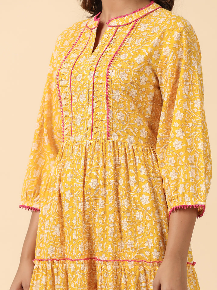 Yellow Cotton Printed  Midi Tiered Dress