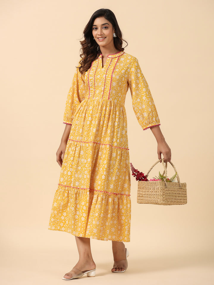 Yellow Cotton Printed  Midi Tiered Dress