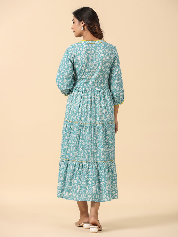 Powder Blue Cotton Printed  Midi Tiered Dress