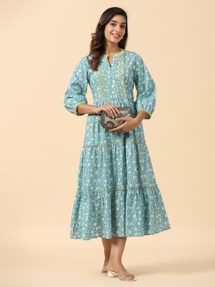 Powder Blue Cotton Printed  Midi Tiered Dress