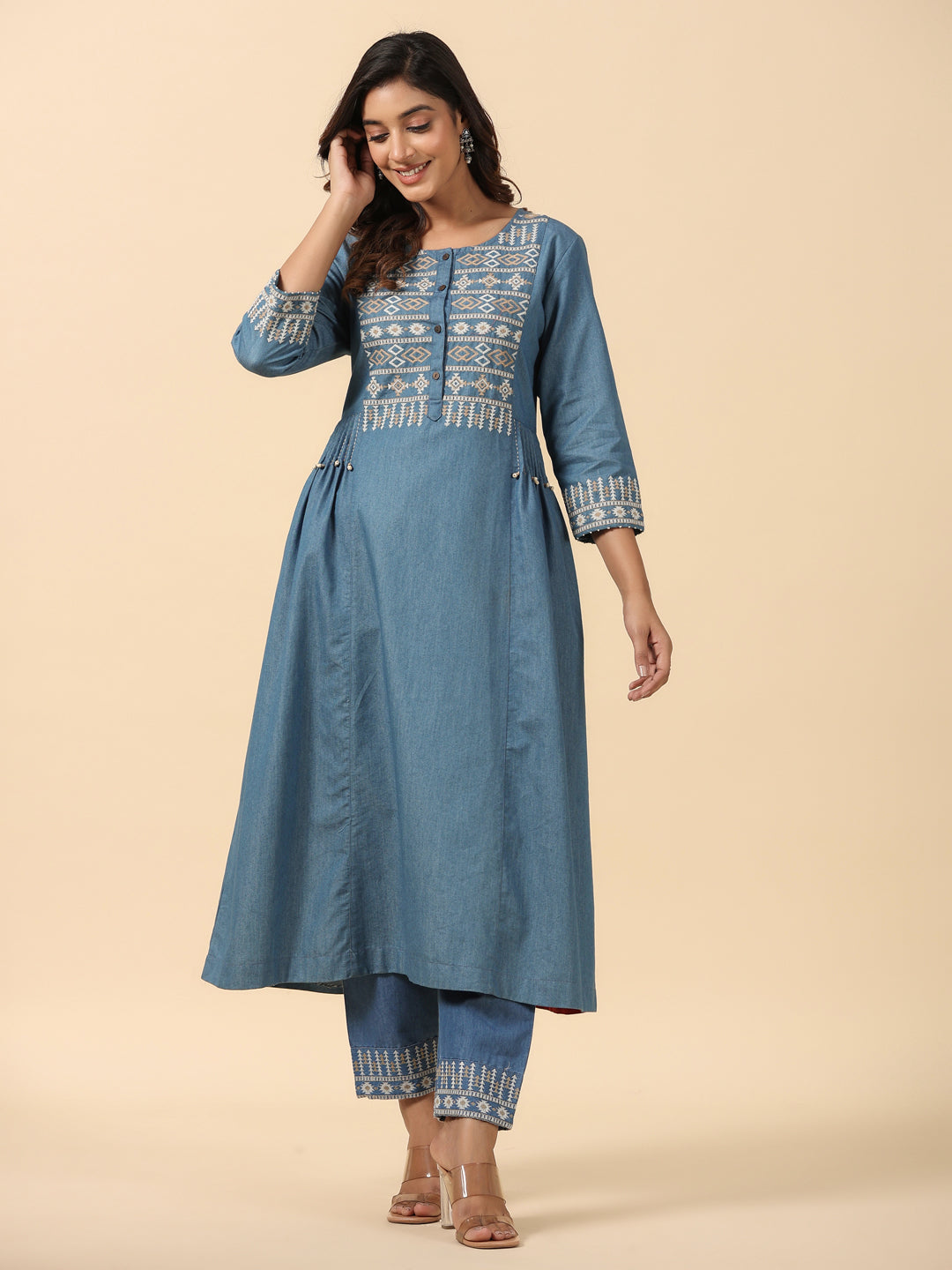 Blue Cotton Blend Embroidered Work Embroidery A-Line Kurta With Trouser