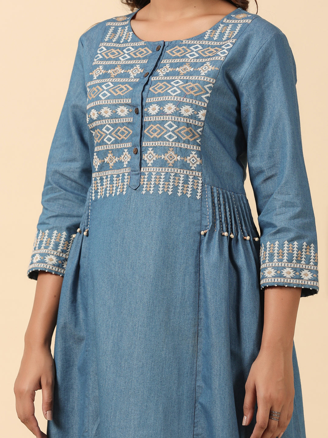 Blue Cotton Blend Embroidered Work Embroidery A-Line Kurta With Trouser