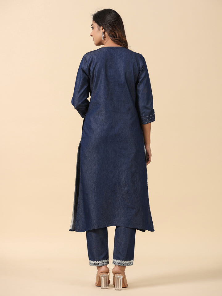 Denim Blue Embroidered Kurta Pant Set