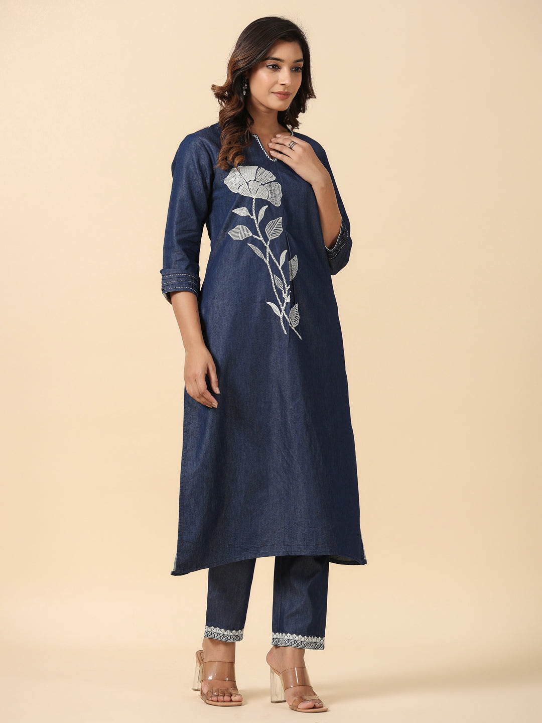 Denim Blue Embroidered Kurta Pant Set