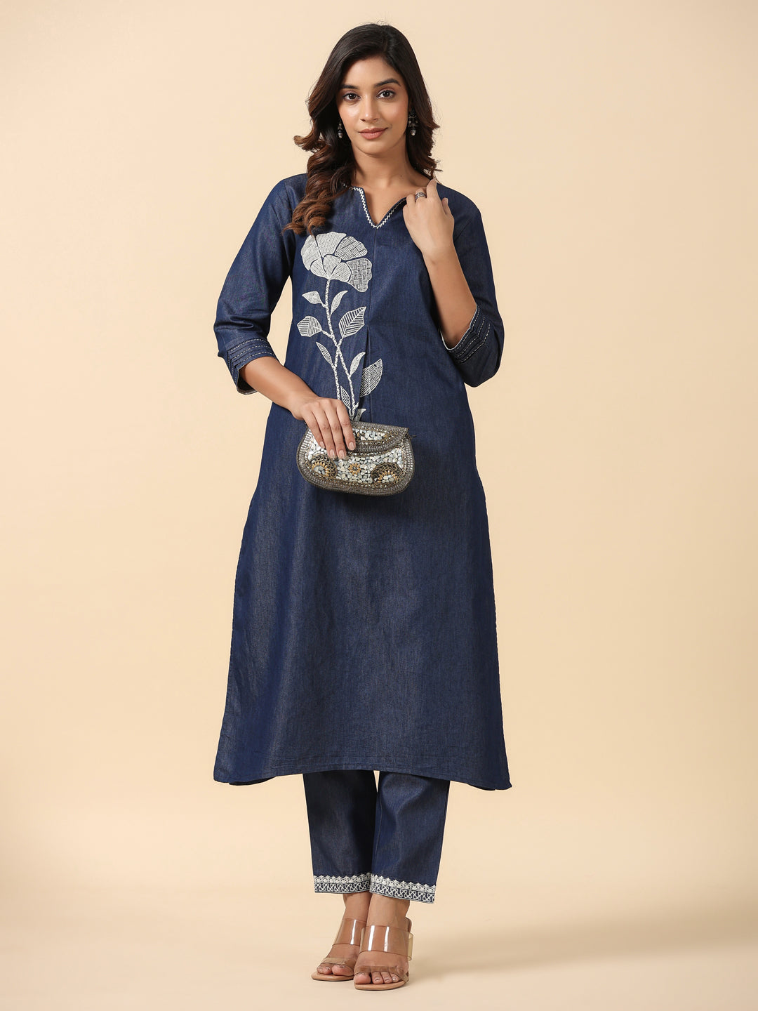 Denim Blue Embroidered Kurta Pant Set