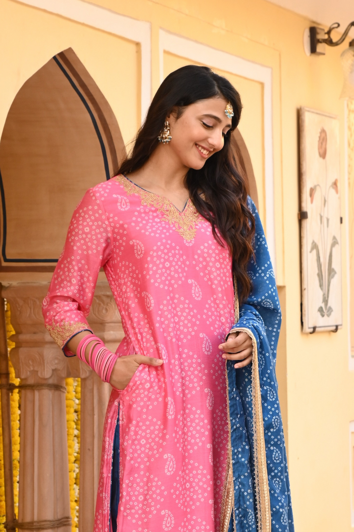 Pink Chanderi Embroidered Kurta Pant Set With Dupatta