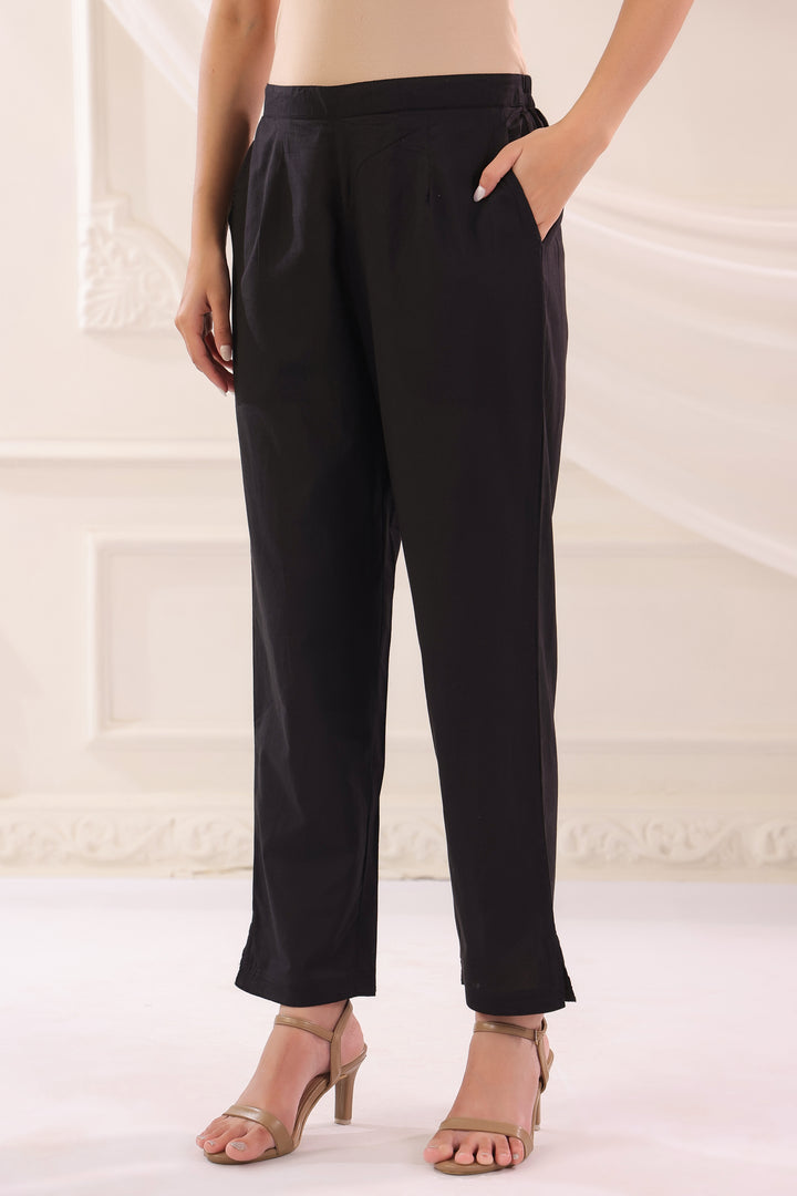 Black Cotton Solid Straight  Pant