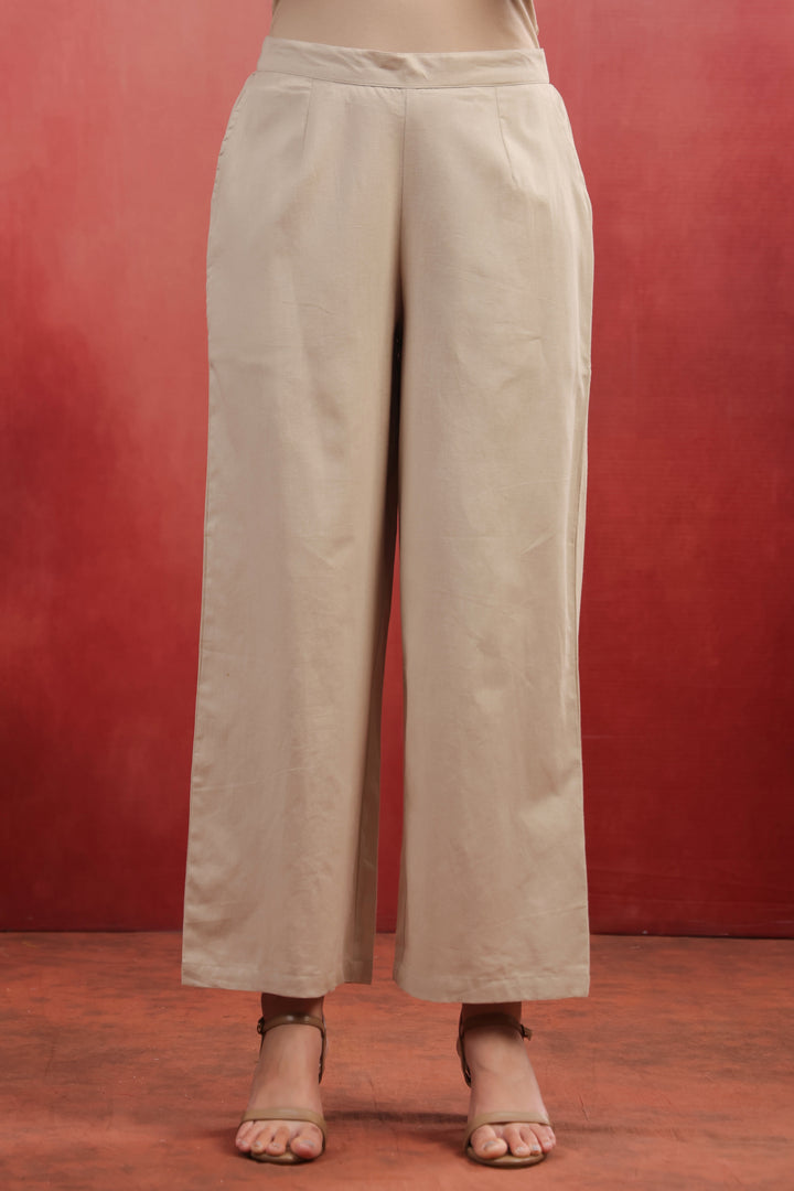 Beige Cotton Solid Straight Fit Palazzo