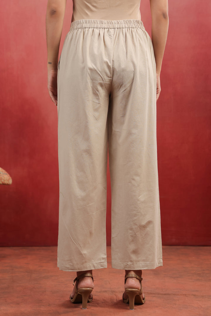 Beige Cotton Solid Straight Fit Palazzo