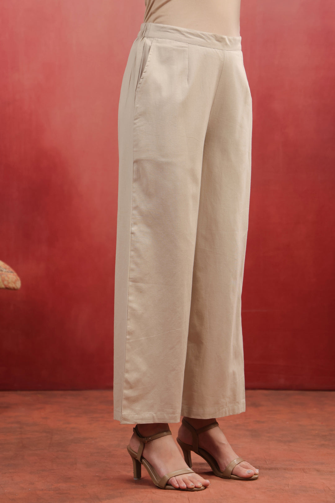 Beige Cotton Solid Straight Fit Palazzo