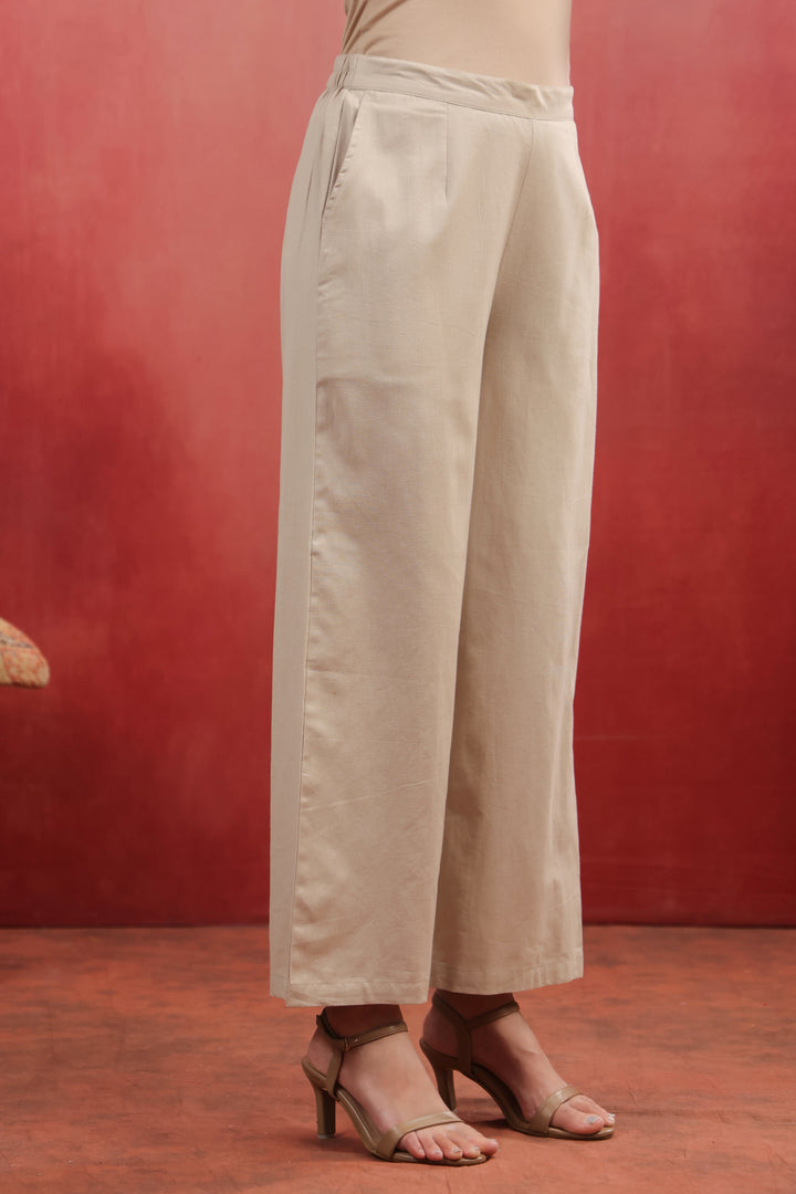 Beige Cotton Solid Straight Fit Palazzo