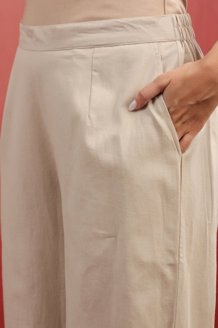 Beige Cotton Solid Straight Fit Palazzo