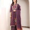 Purple Cotton Printed A Line Kurta Suit Set