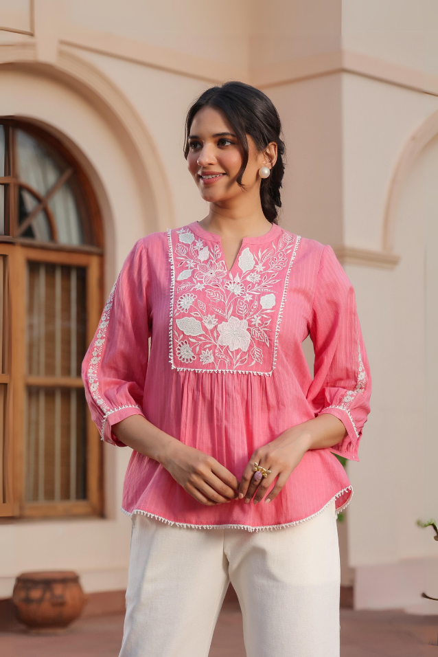 Pink Cotton Dobby Applique Top