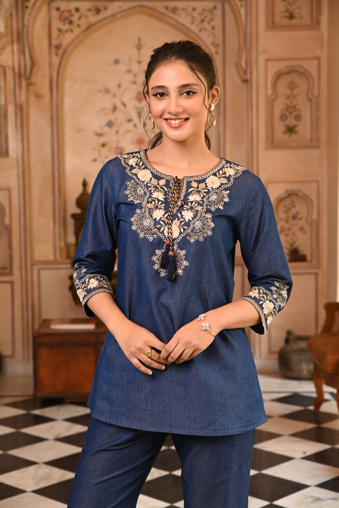 Denim Dark Blue Embroidered Round Neck Top