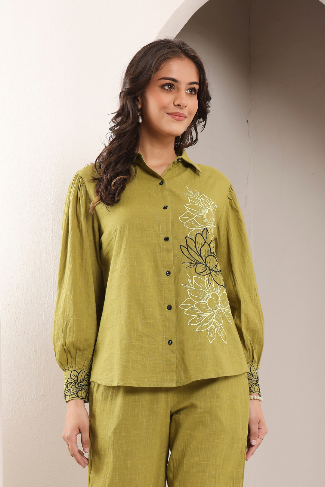 Olive Green Cotton Embroidered Co-Ord Set