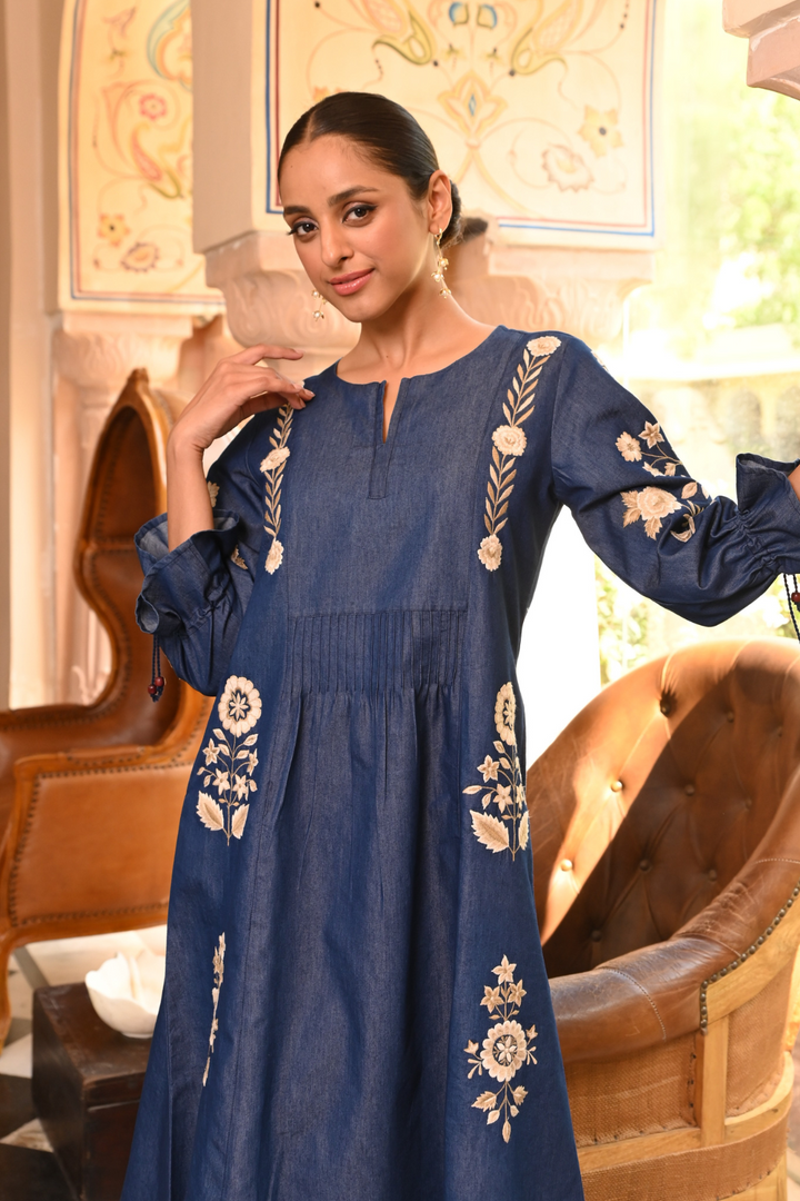 Denim Dark Blue Embroidered Designer Midi Dress