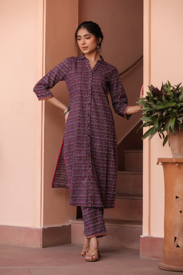 Purple Pure Cotton Floral Print Fancy Button Work A-Line Kurta Pant Set