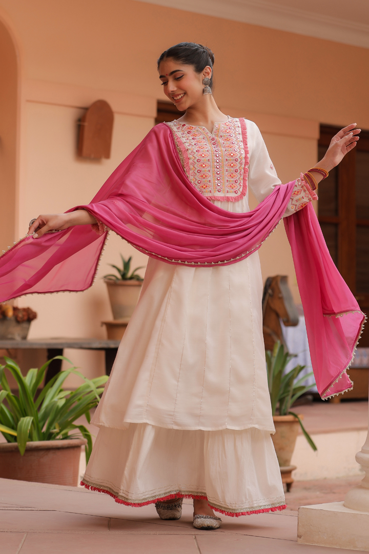 Off White Cotton Embellished Sharara Set